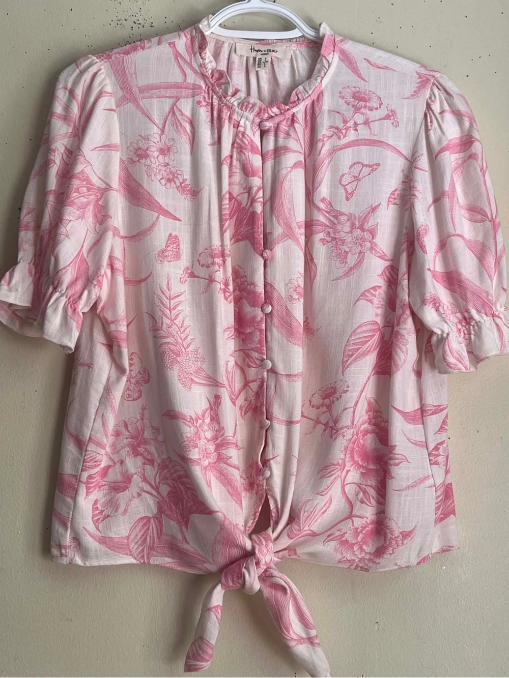 Heartloom Pink Floral Tie-Front Button-Up Blouse